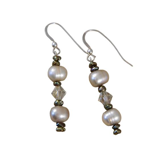 Vintage Drop Earrings Pearls Rhinestones Silver - Picture 2 of 7